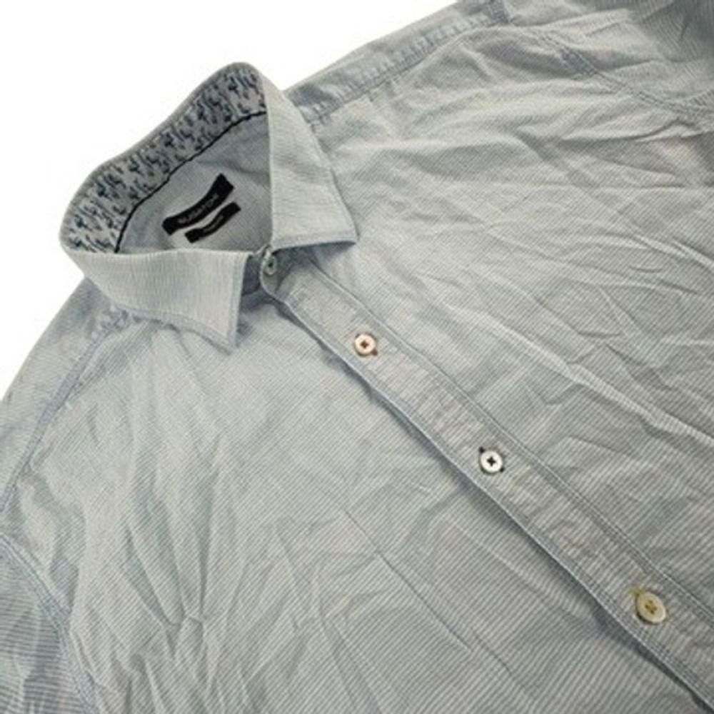 Bugatchi Mens L Button Down Shirt Light Blue Striped Flamingo Trim Shaped Fit